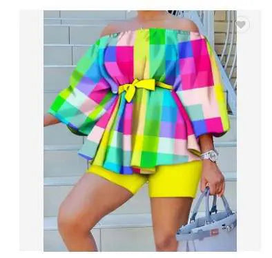 Graphic Print Off Shoulder Puff Sleeved Top and Shorts Set